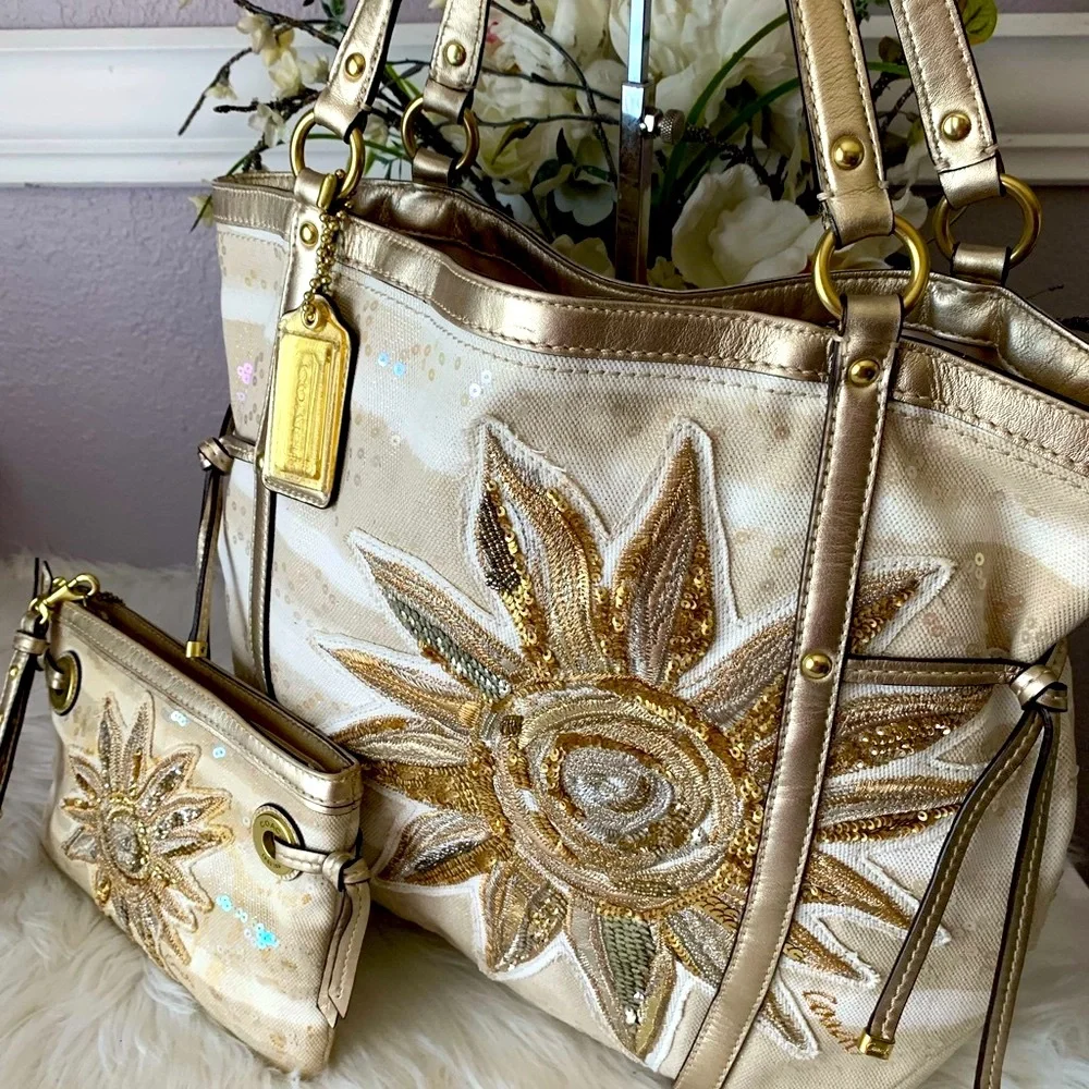 Coach Gold & Cream Floral Sequin Tote with Wristlet